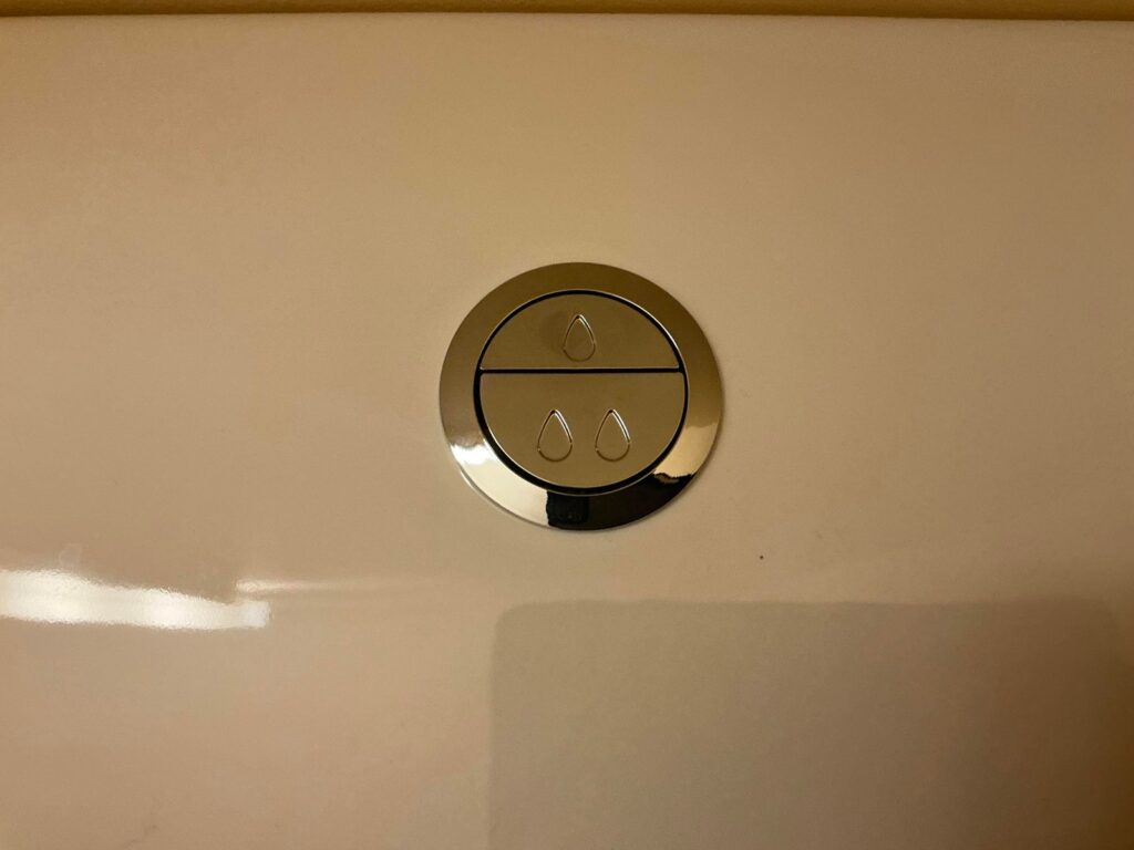 A modern dual flush toilet cistern button panel in a clean bathroom setting.