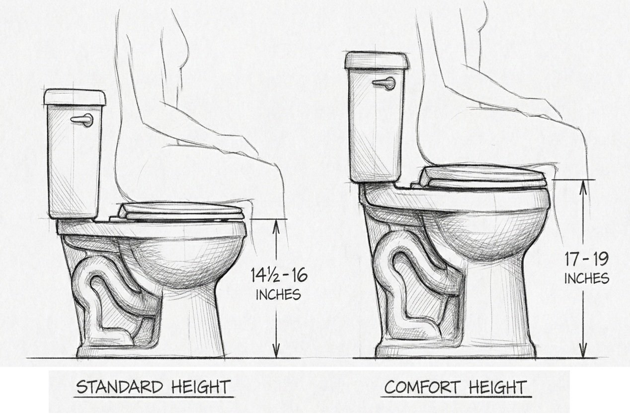 A tape measure and bathroom floor plans sit on a designer's wooden desk.