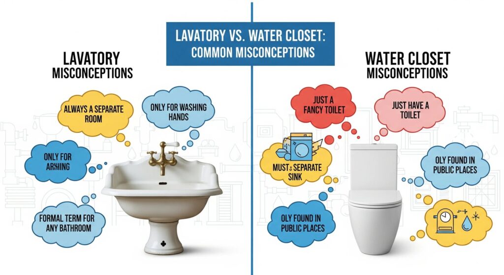 Modern bathroom fixtures showing the distinct difference between a toilet and a lavatory.