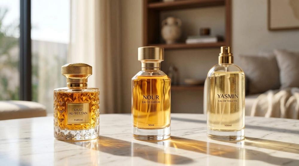 Two elegant glass fragrance bottles sit on a bright marble vanity for a perfume comparison.