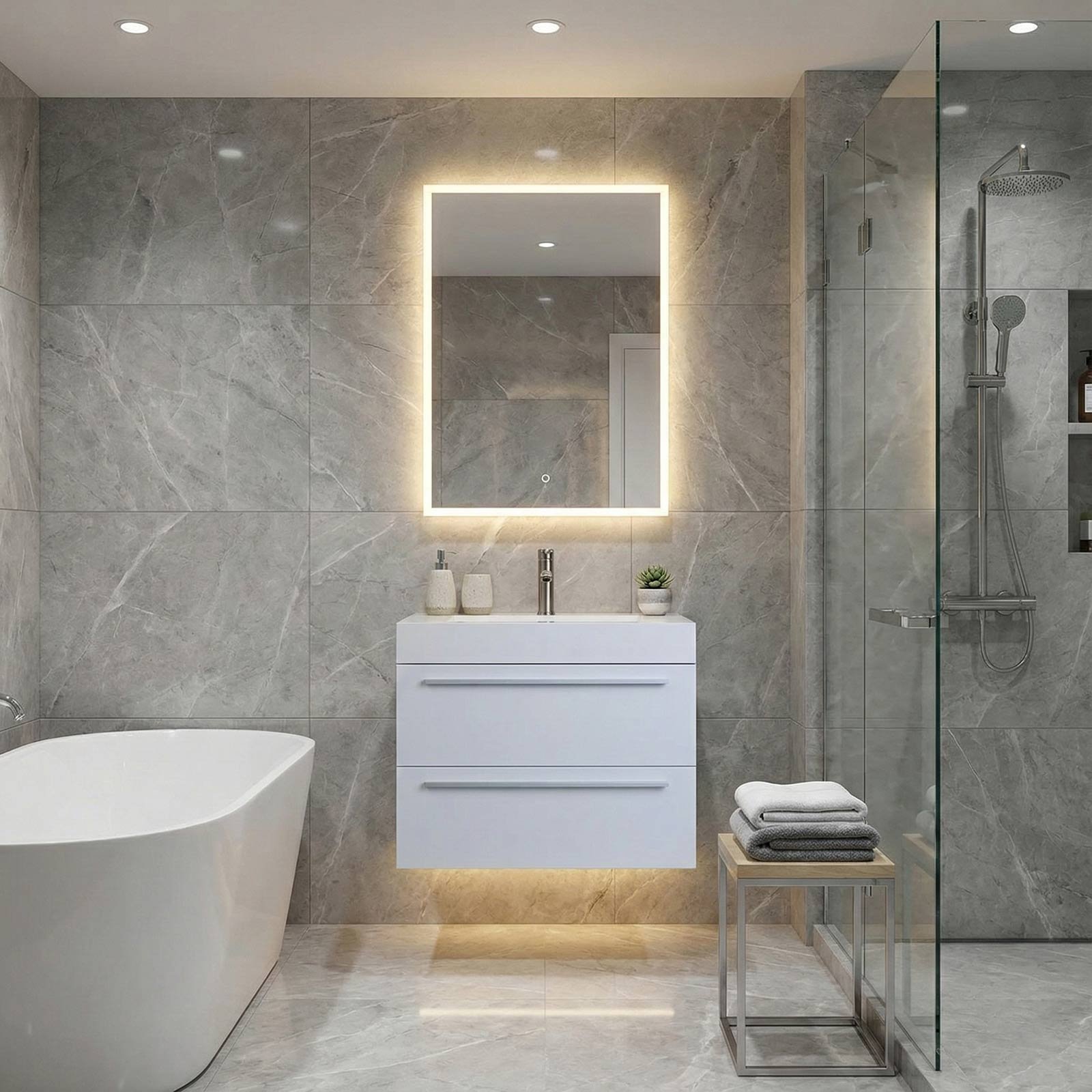 An accessible bathroom setup featuring a standard height toilet and safety features.