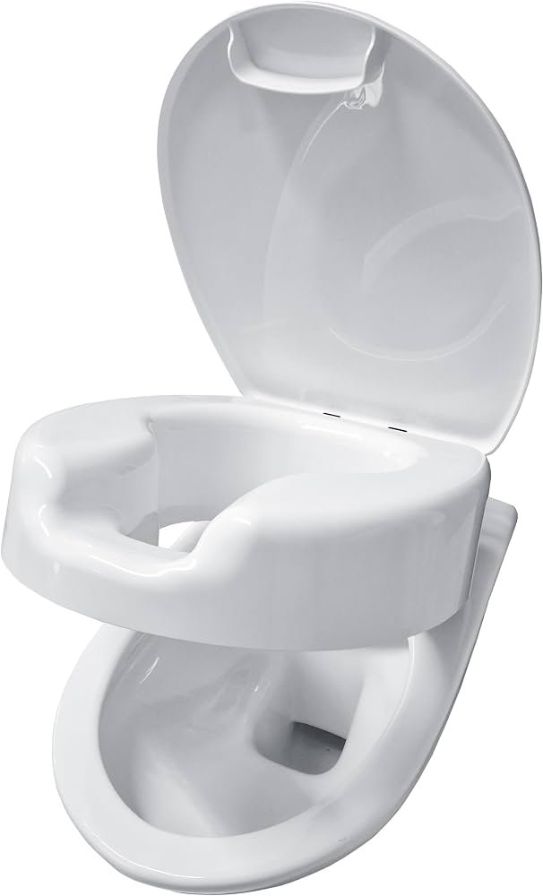 A close-up view of a clean, modern toilet seat in a bright bathroom.