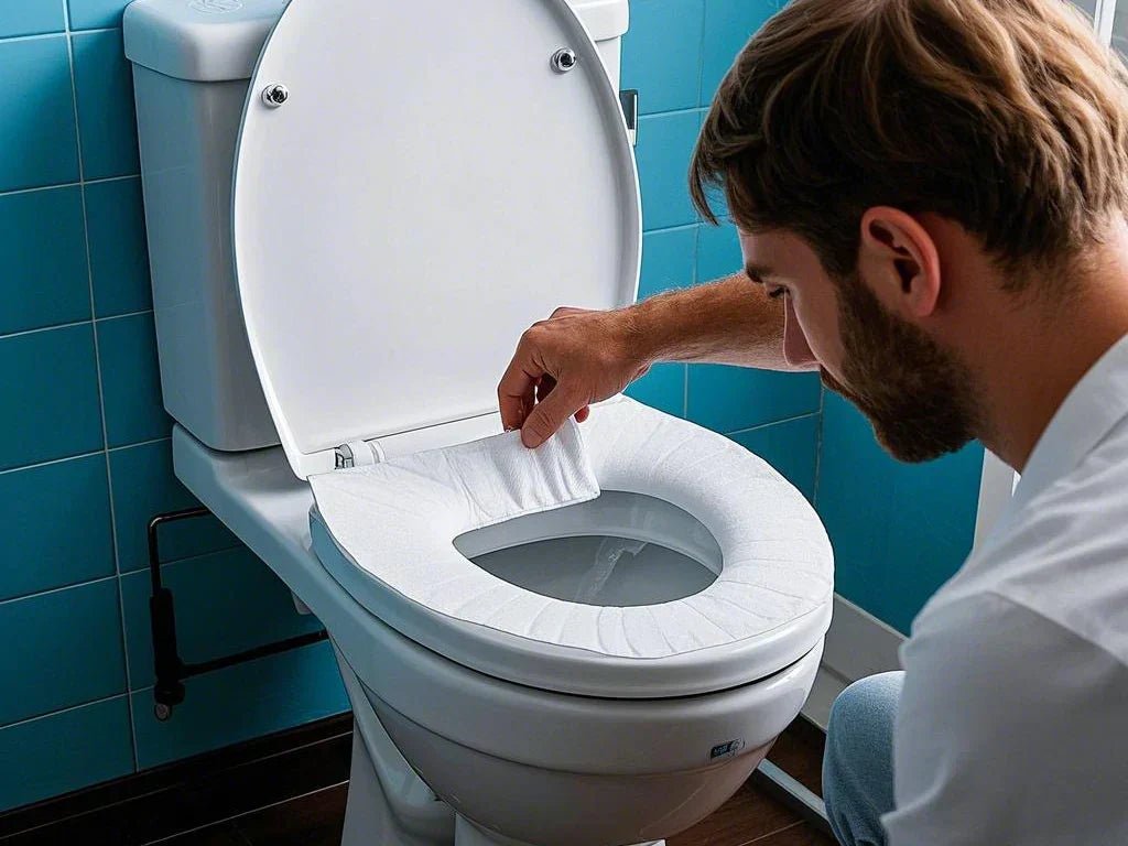 Hands carefully pulling a paper toilet seat cover from a wall mounted dispenser.
