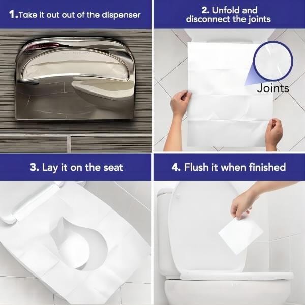 A stack of paper toilet seat covers resting on a clean restroom shelf.