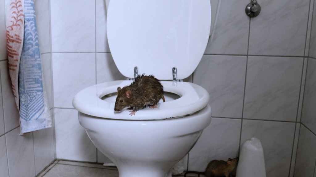 A small green tree frog sits on the rim of a toilet.