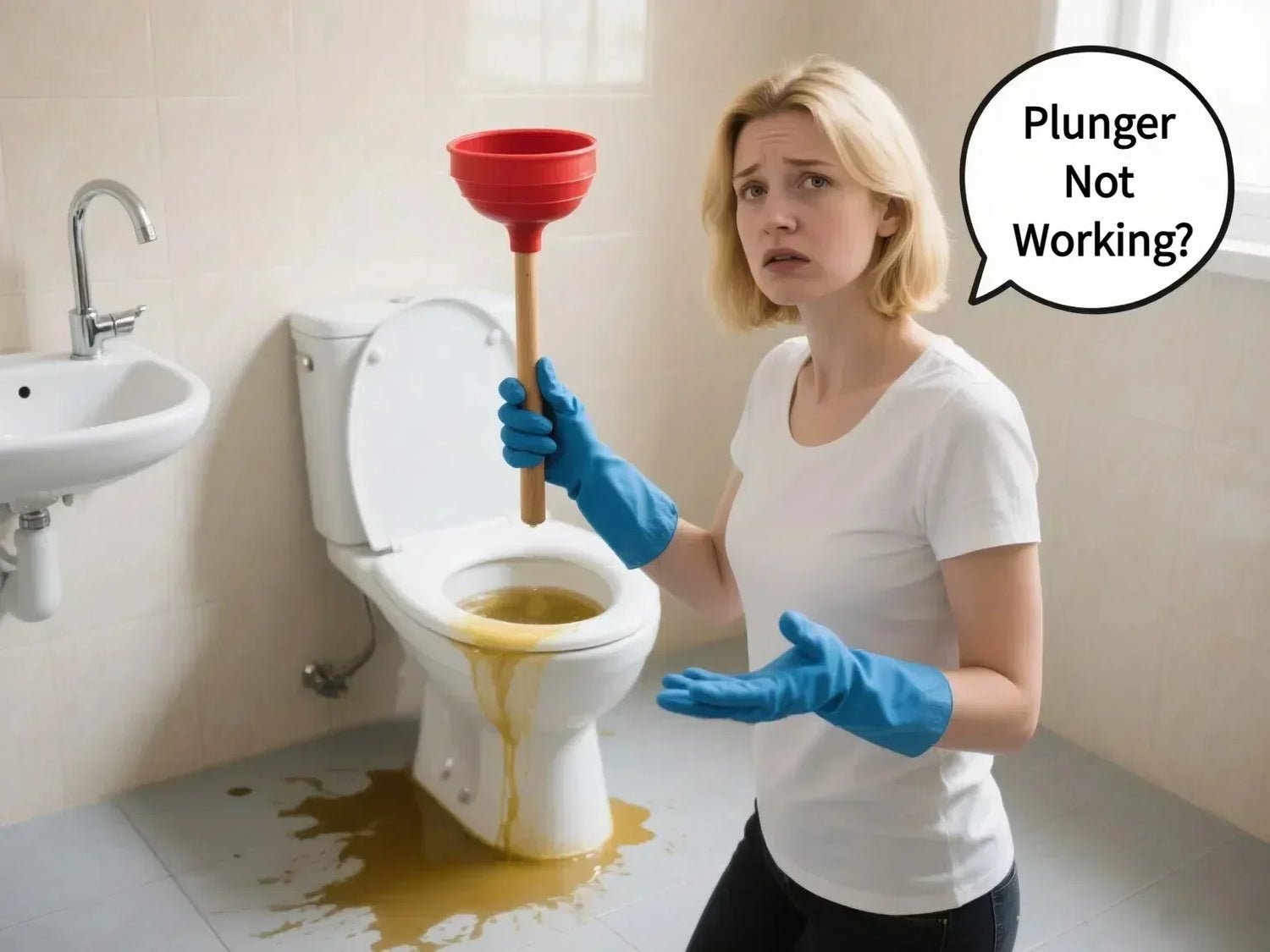 A person using a professional toilet auger to clear a blockage in a toilet.