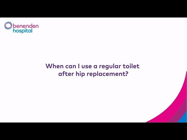 A patient practicing safe toilet use techniques after hip replacement surgery.