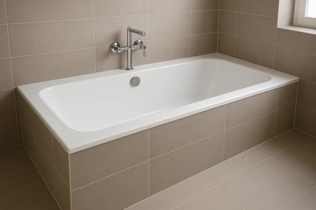 A collection of durable bathroom tiles displayed on a bright marble vanity.