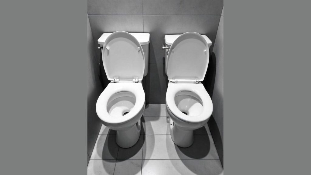 A round-front and an elongated toilet bowl displayed side by side in a bathroom.