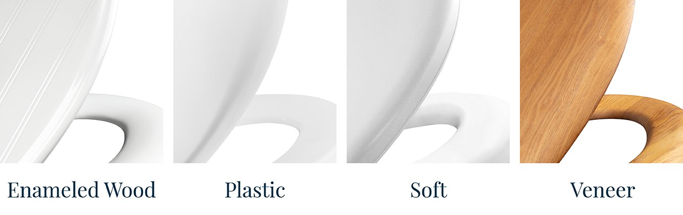 Three different toilet seat material samples displayed on a clean bathroom counter.