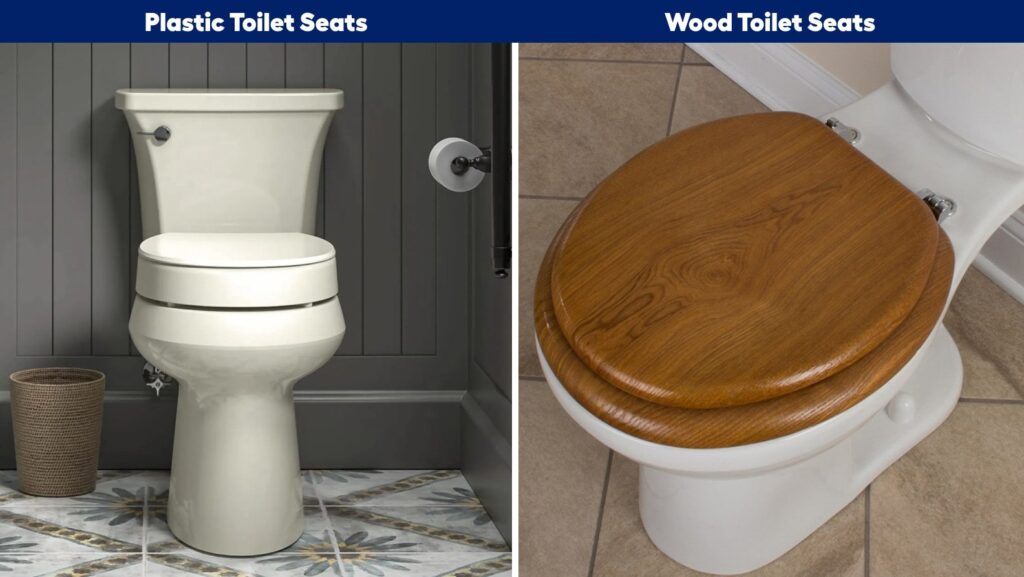 A comparison between a modern plastic toilet seat and a traditional wooden seat.