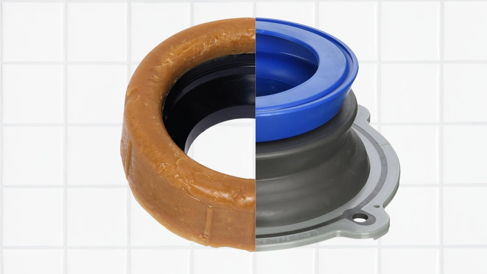 A plumber comparing a traditional wax ring against a modern rubber toilet seal.