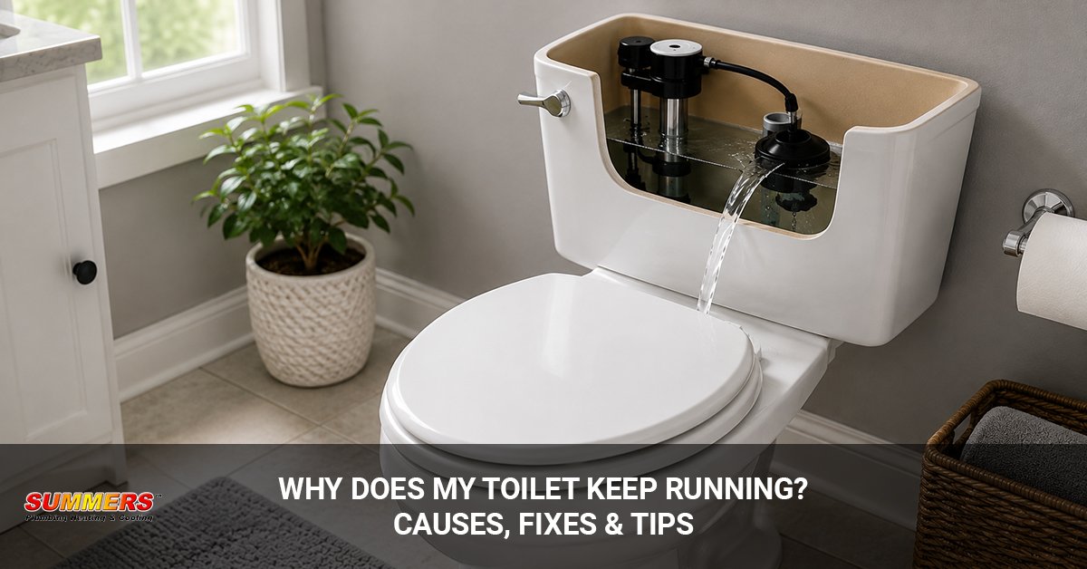 Adjusting the water fill valve screw inside a toilet tank with a screwdriver.