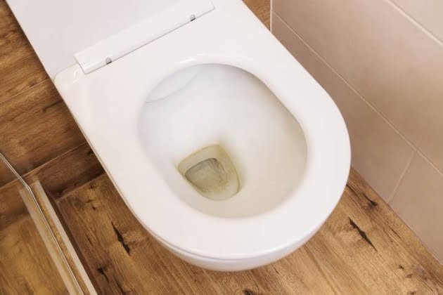 Internal view of a toilet tank showing the refill tube and flushing components.