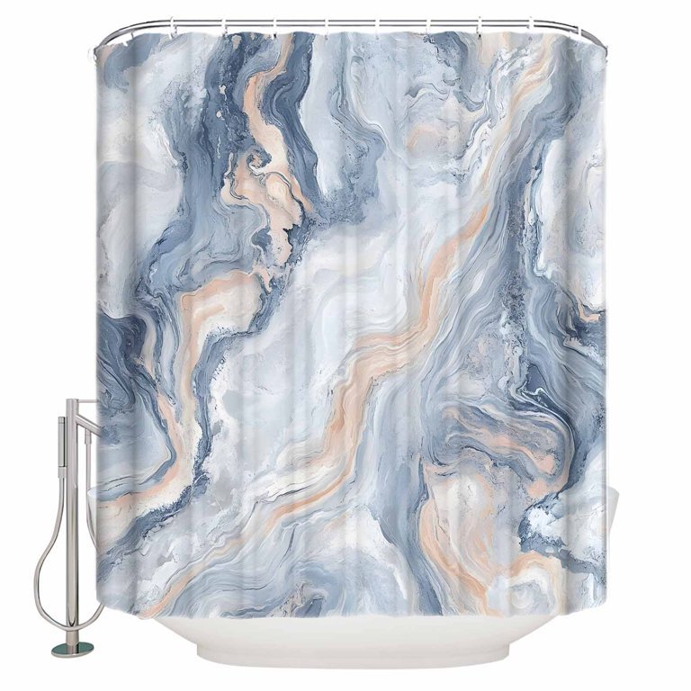 A stack of folded high-gauge shower liners sitting on a clean bathroom vanity.